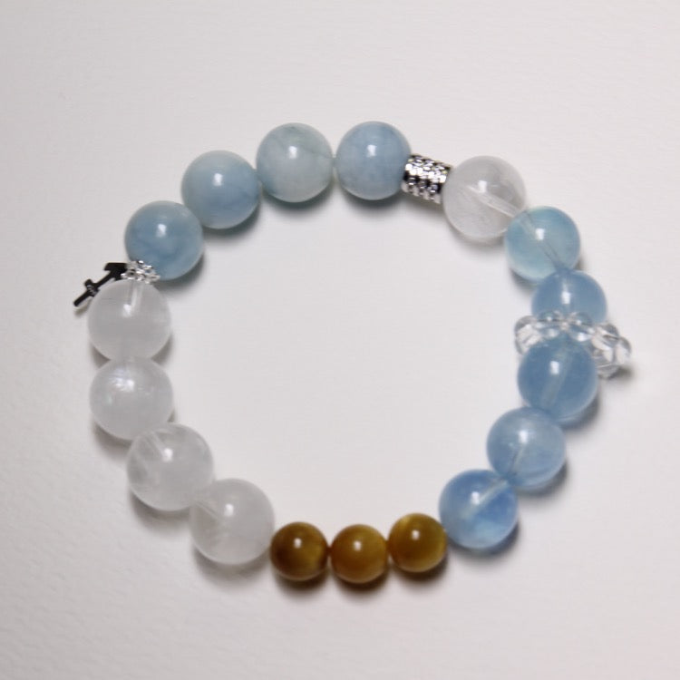 Oceanic Power – Personalize Zodiac Bracelet with Aquamarine, Yellow Tiger’s Eye & White Phantom Quartz