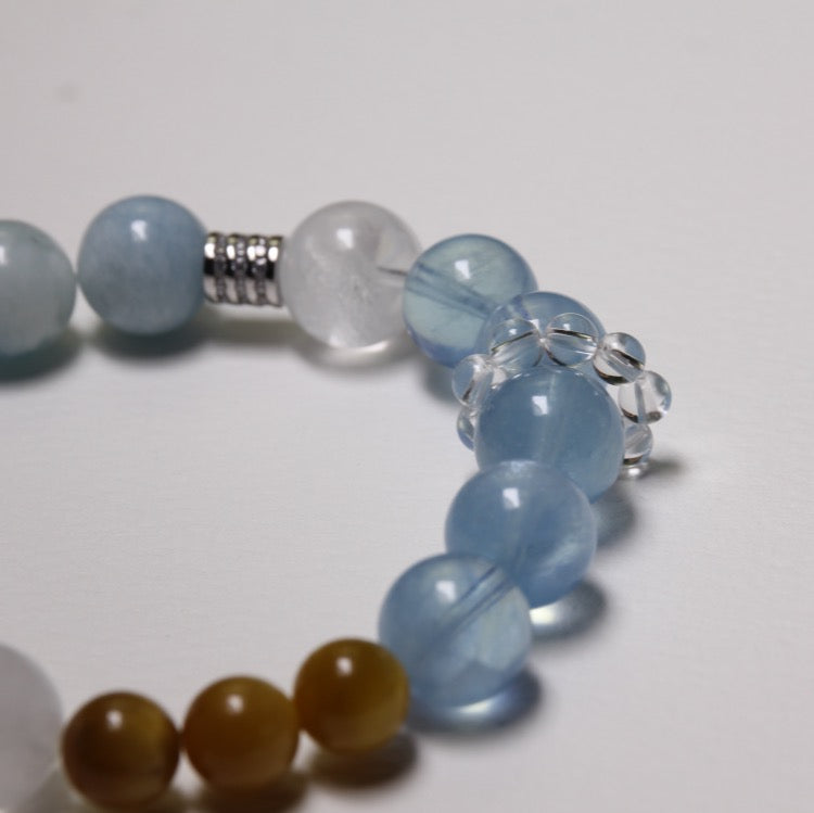 Oceanic Power – Personalize Zodiac Bracelet with Aquamarine, Yellow Tiger’s Eye & White Phantom Quartz