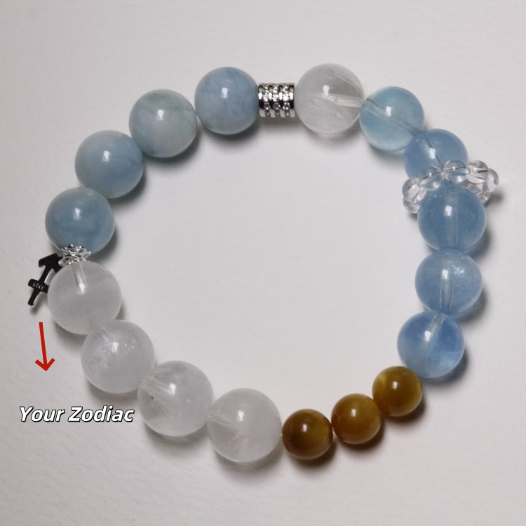 Oceanic Power – Personalize Zodiac Bracelet with Aquamarine, Yellow Tiger’s Eye & White Phantom Quartz