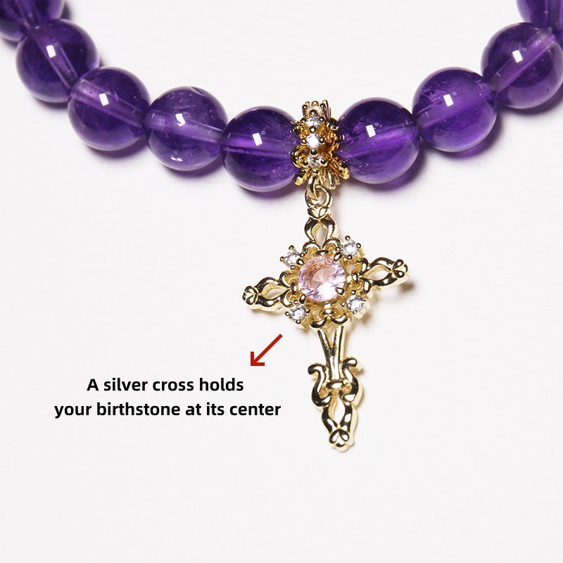 Fire Balance – Personalised Premium Amethyst Bracelet with Birthstone in Silver Cross