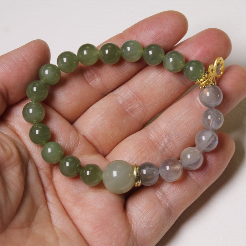 Wisdom & Vitality: Premium Hetian Jade & Moonstone Bracelet | Wood + Water Energy Balance