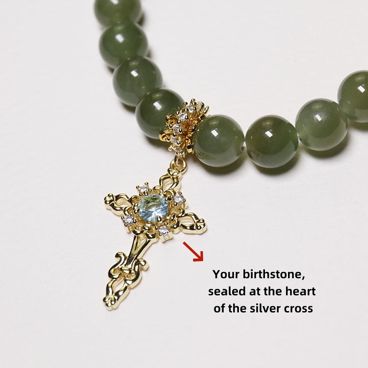 Wood Balance - Personalized Premium Hetian Jade Bracelet with Birthstone Cross Charm