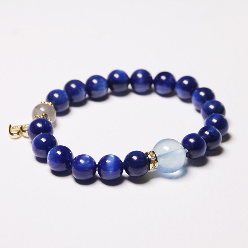 Custom Premium Kyanite, Aquamarine & Moonstone Bracelet Crystal Bracelet with Silver Letter Charm for Women