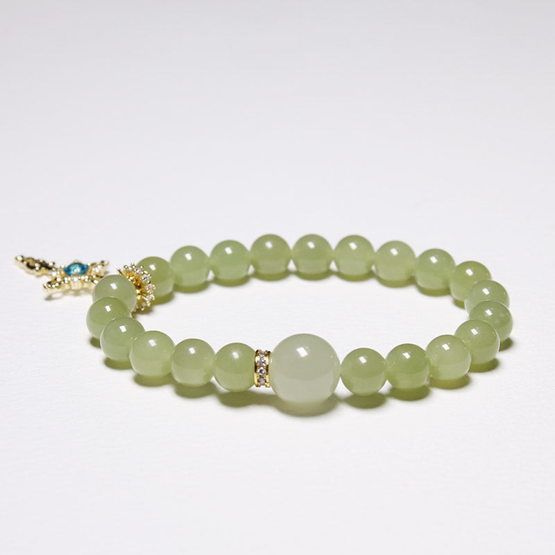 Wood Energy - Personalised Grape Green Hetian Jade Bracelet with Silver Cross Birthstone Charm