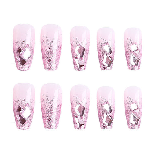 Pink Gem Shinny Press On Nails Medium Size