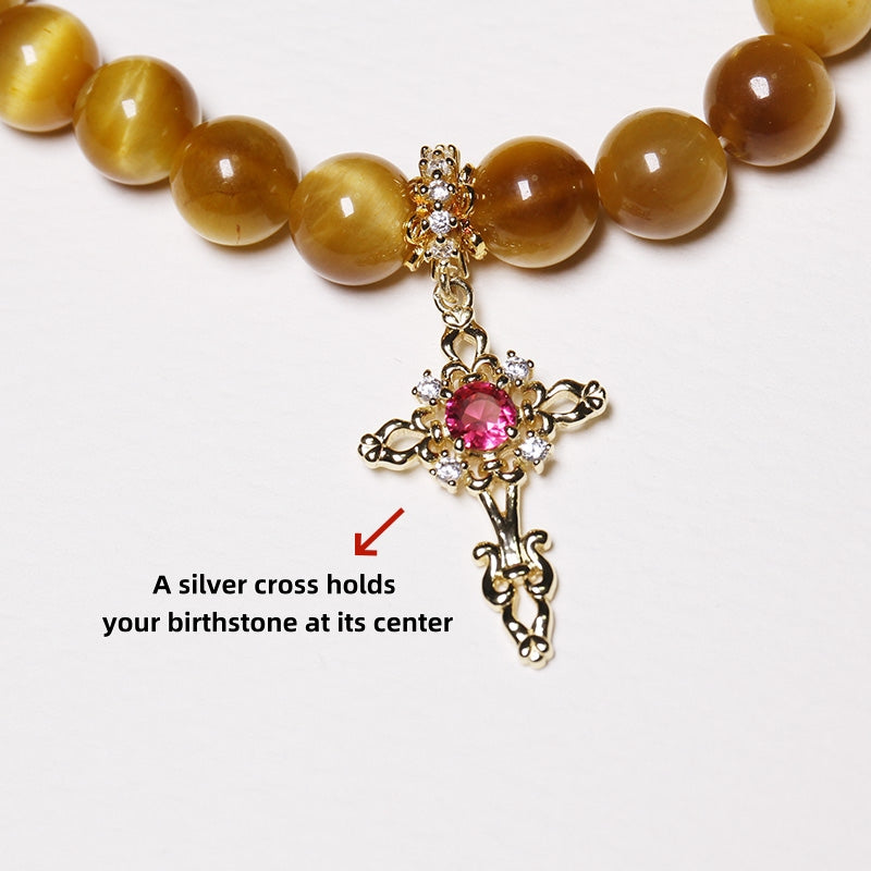 Earth Energy - Personalized Tiger’s Eye Bracelet for Women with Birthstone Sealed in Silver Cross Charm