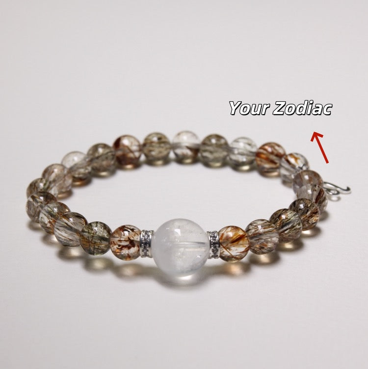 Celestial Balance – Personalize Zodiac Bracelet with Super Seven Crystal & White Phantom