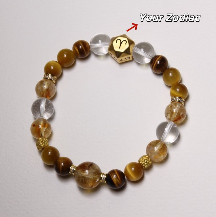 Earth Balance – Personalized Zodiac Bracelet with Yellow Tiger’s Eye Stone, Tiger’s Eye, Citrine & Clear Quartz
