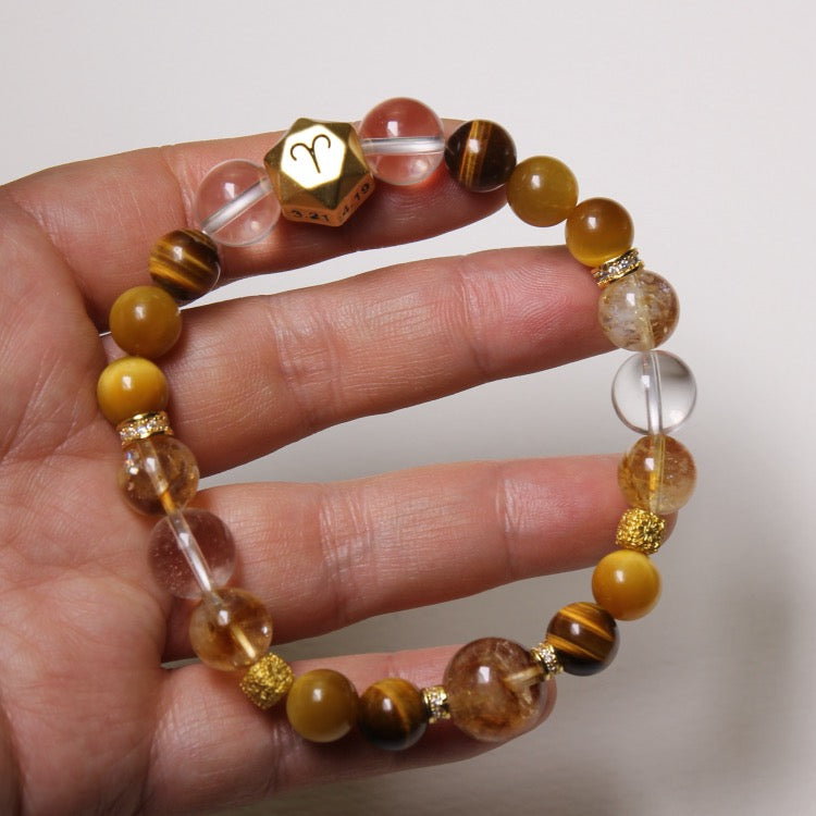Earth Balance – Personalized Zodiac Bracelet with Yellow Tiger’s Eye Stone, Tiger’s Eye, Citrine & Clear Quartz