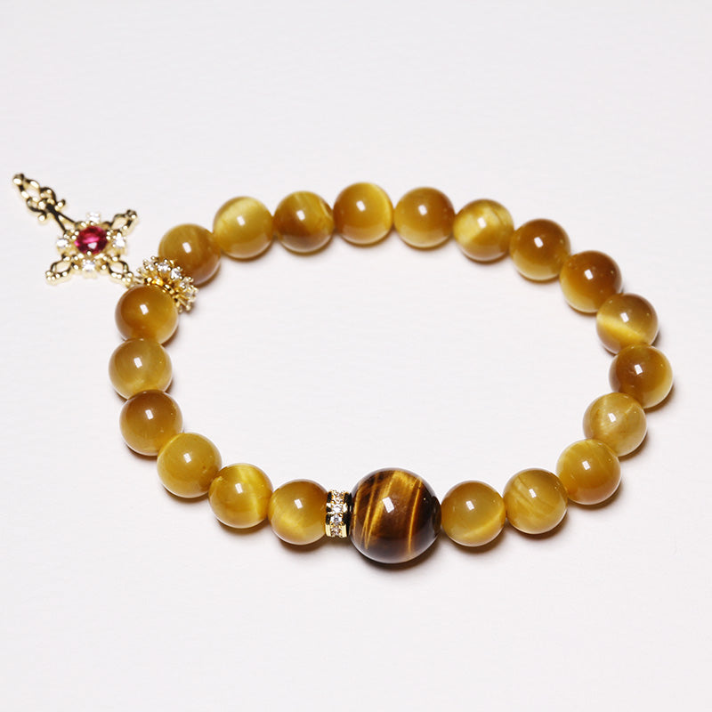 Earth Energy - Personalized Tiger’s Eye Bracelet for Women with Birthstone Sealed in Silver Cross Charm