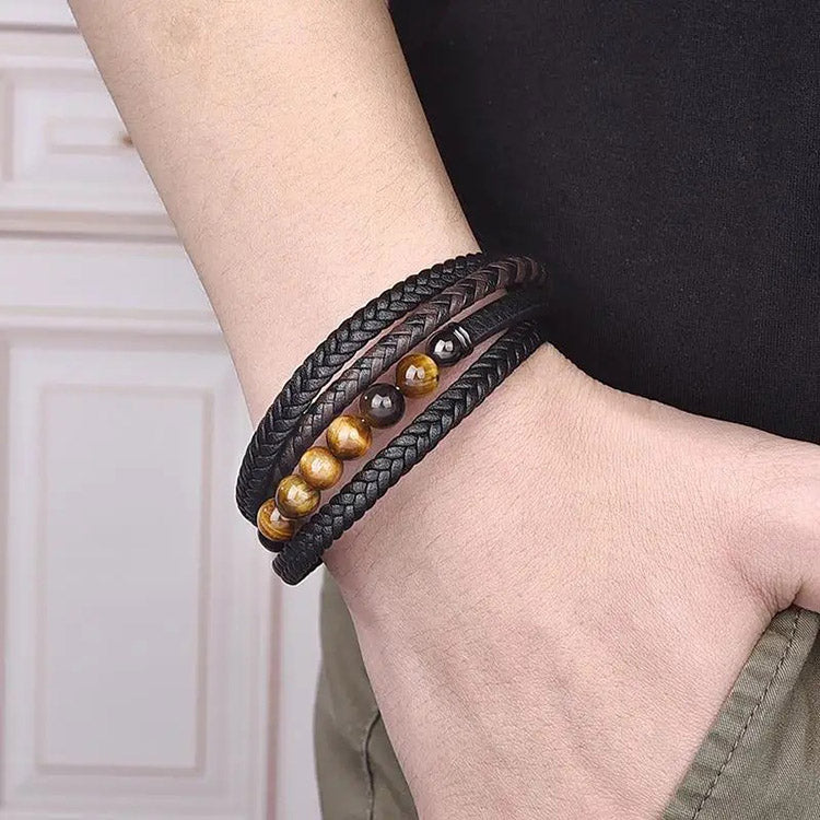 4 Layers Tiger's Eye Genuine Leather Bracelet for Men