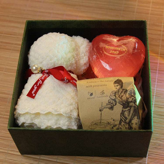 Gift Box Containing 2 Rose Essential Oil Soaps A Cold Process Goat's Milk Soap A Bear Cotton Towel