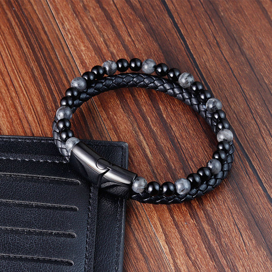 Braid Tiger Stone Genuine Leather Bracelet for Men