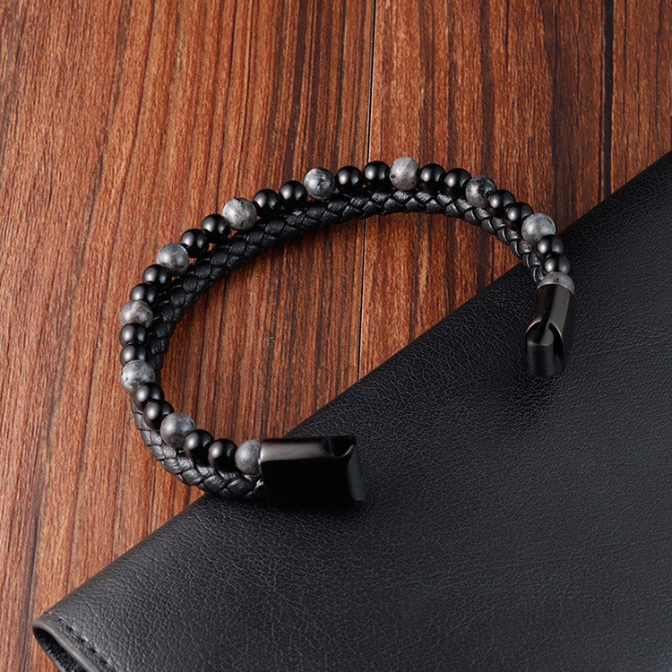 Braid Tiger Stone Genuine Leather Bracelet for Men