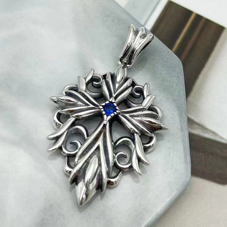 Handcrafted Blue Diamond Flame Cross S925 Sterling Silver Pendant