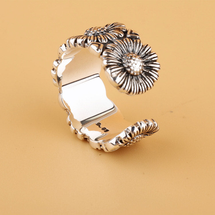 Handcrafted Daisy S925 Sterling Silver Adjustable Ring for Both Men and Women