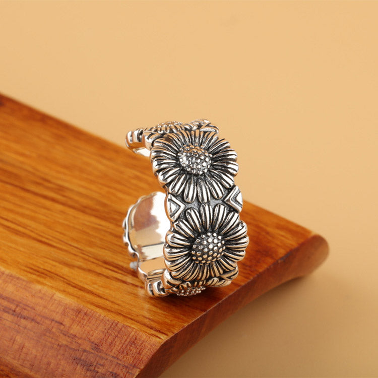 Handcrafted Daisy S925 Sterling Silver Adjustable Ring for Both Men and Women