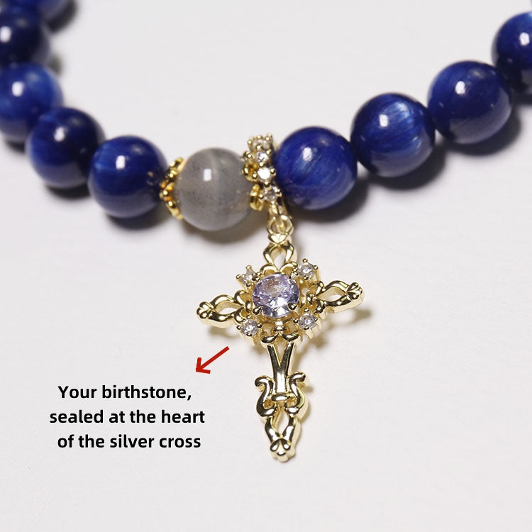 Water Balance - Personalised Kyanite, Aquamarine & Moonstone Bracelet with Birthstone in Silver Cross