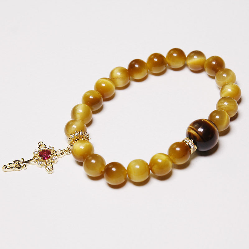 Earth Energy - Personalized Tiger’s Eye Bracelet for Women with Birthstone Sealed in Silver Cross Charm