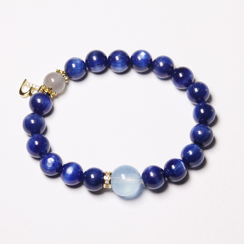 Custom Premium Kyanite, Aquamarine & Moonstone Bracelet Crystal Bracelet with Silver Letter Charm for Women