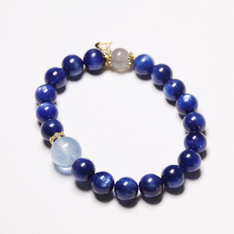 Custom Premium Kyanite, Aquamarine & Moonstone Bracelet Crystal Bracelet with Silver Letter Charm for Women
