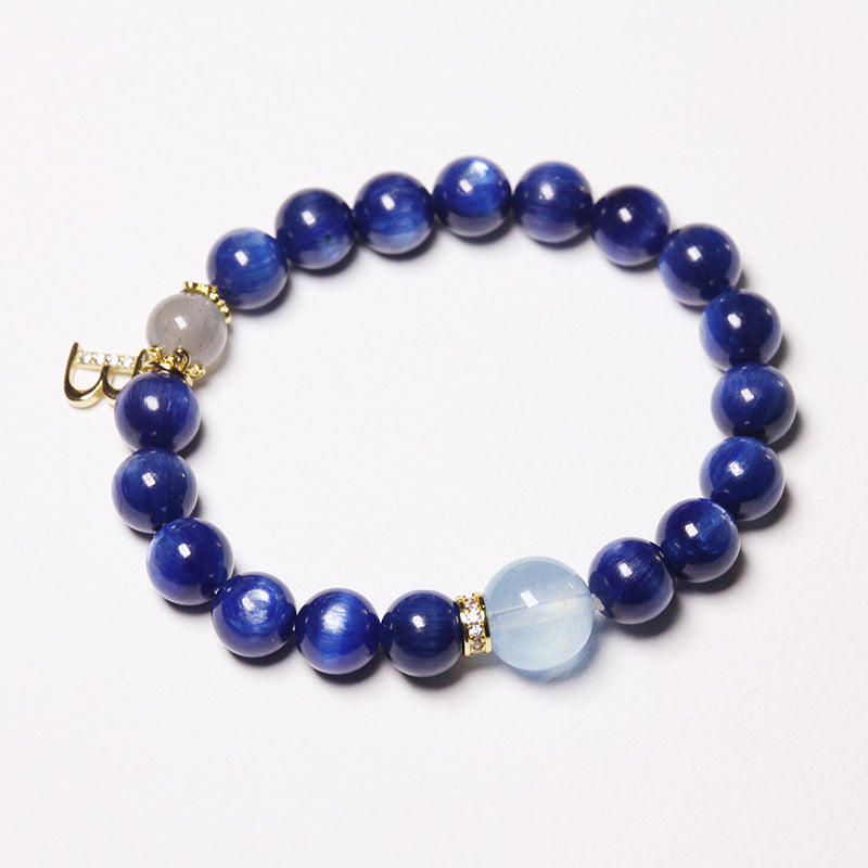 Custom Premium Kyanite, Aquamarine & Moonstone Bracelet Crystal Bracelet with Silver Letter Charm for Women