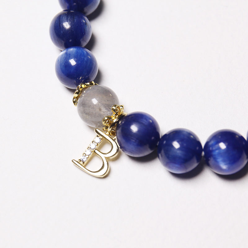 Custom Premium Kyanite, Aquamarine & Moonstone Bracelet Crystal Bracelet with Silver Letter Charm for Women
