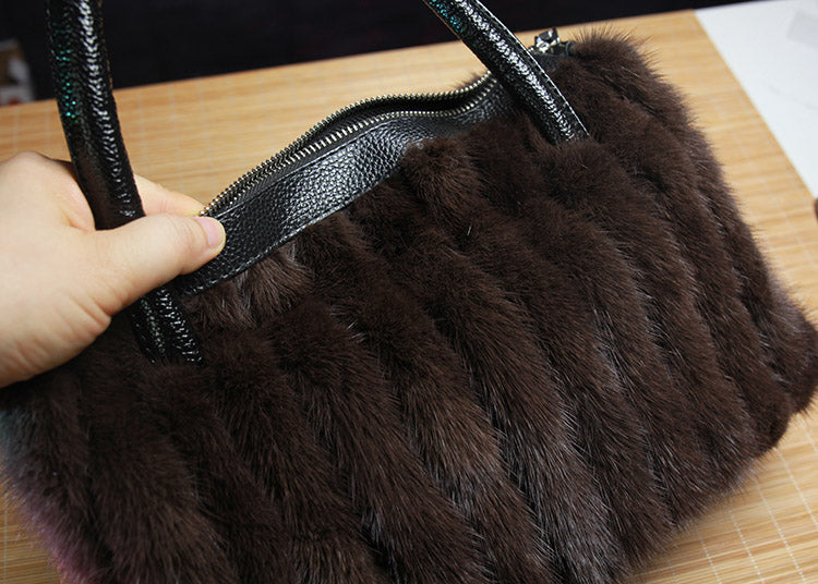 Handmade Genuine Leather Fur Handbag for Women Mink Fur 11’’ * 6.7’’ * 3.9’’