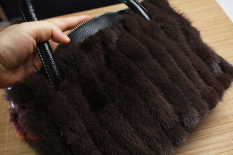 Handmade Genuine Leather Fur Handbag for Women Mink Fur 11’’ * 6.7’’ * 3.9’’