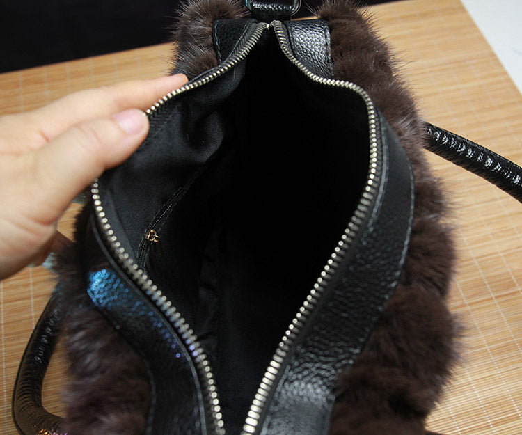 Handmade Genuine Leather Fur Handbag for Women Mink Fur 11’’ * 6.7’’ * 3.9’’