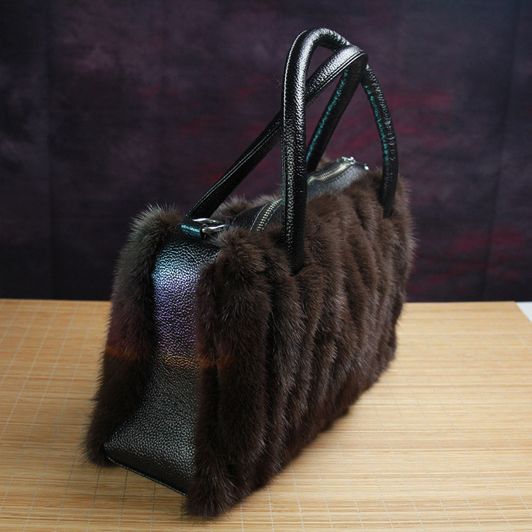 Handmade Genuine Leather Fur Handbag for Women Mink Fur 11’’ * 6.7’’ * 3.9’’