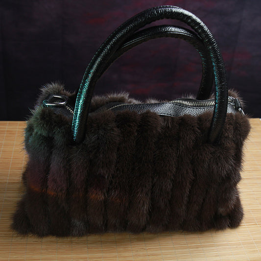 Handmade Genuine Leather Fur Handbag for Women Mink Fur 11’’ * 6.7’’ * 3.9’’