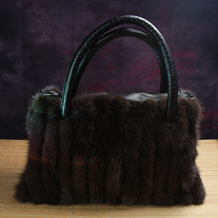 Handmade Genuine Leather Fur Handbag for Women Mink Fur 11’’ * 6.7’’ * 3.9’’