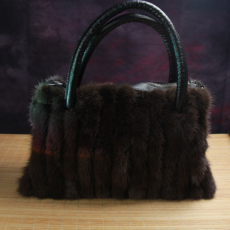 Handmade Genuine Leather Fur Handbag for Women Mink Fur 11’’ * 6.7’’ * 3.9’’