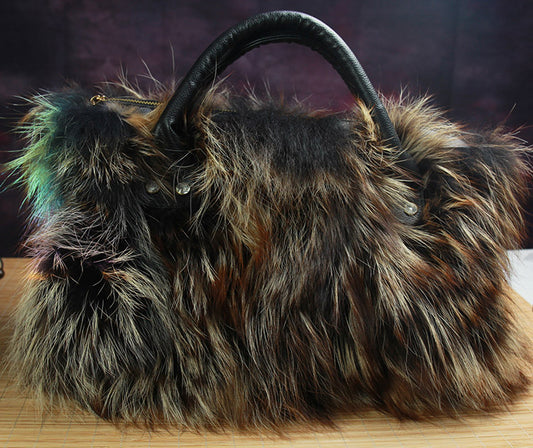 Handmade Genuine Leather Fur Handbag for Women Fox Fur 9.8‘’ * 5.9‘’ * 12.6‘’