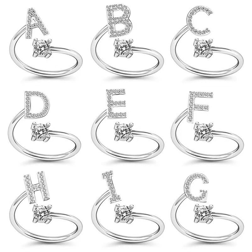 S925 Silver Sterling Letter A-Z Open Ring for Women