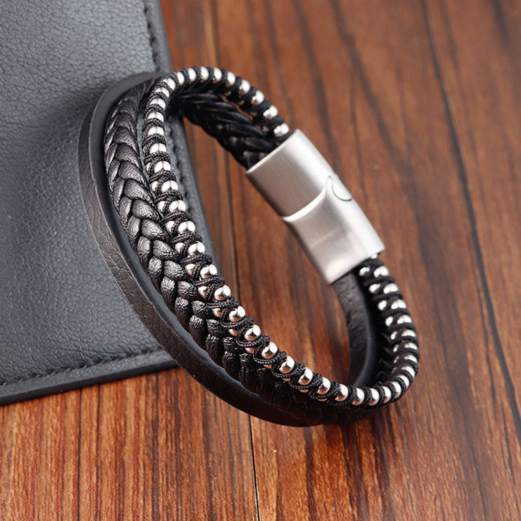 New Fashion Genuine Leather Stainless Steel Beads Bracelet for Men