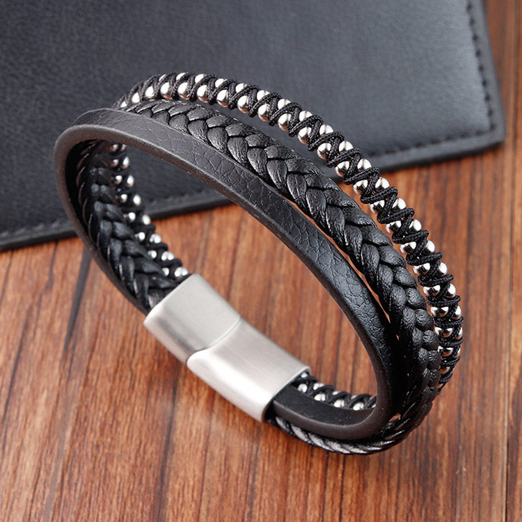 New Fashion Genuine Leather Stainless Steel Beads Bracelet for Men