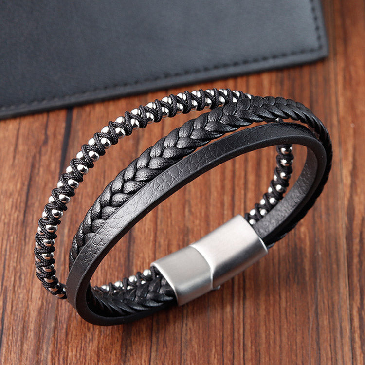 New Fashion Genuine Leather Stainless Steel Beads Bracelet for Men