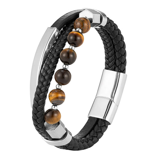 Tiger's Eye Stone Genuine Leather Bracelet for Men