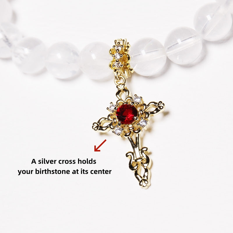 Metal Energy - Personalised White Phantom Crystal Bracelet for Women with Birthstone Sealed in Silver Cross Charm