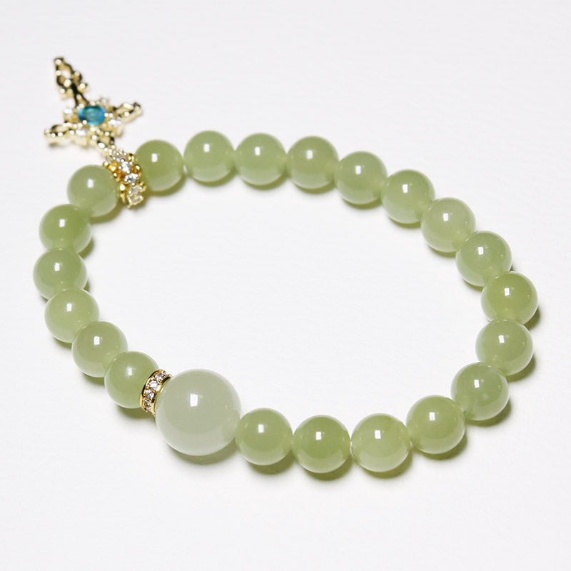 Wood Energy - Personalised Grape Green Hetian Jade Bracelet with Silver Cross Birthstone Charm