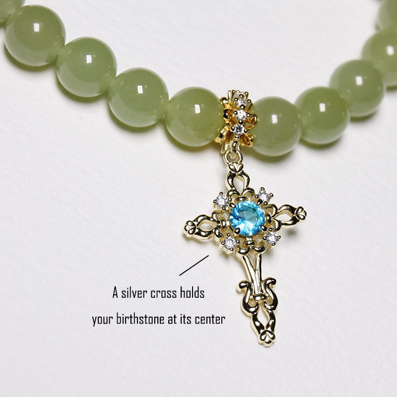 Wood Energy - Personalised Grape Green Hetian Jade Bracelet with Silver Cross Birthstone Charm