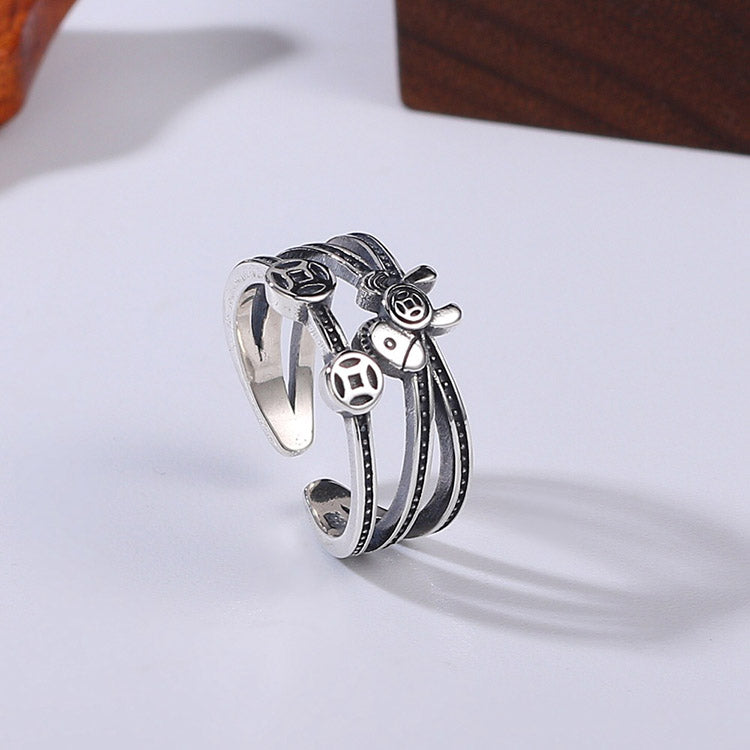 Handcrafted Lucky Charm Horse Coin S925 Sterling Silver Ring Adjustable