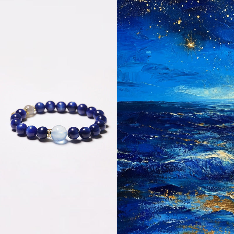 Custom Premium Kyanite, Aquamarine & Moonstone Bracelet Crystal Bracelet with Silver Letter Charm for Women