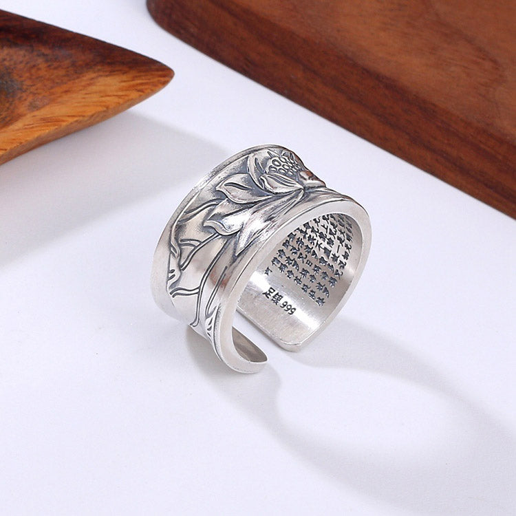 Handcrafted Lotus Heart Meridian S999 Sterling Silver Ring Adjustable