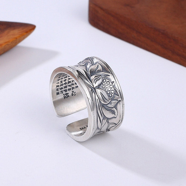 Handcrafted Lotus Heart Meridian S999 Sterling Silver Ring Adjustable