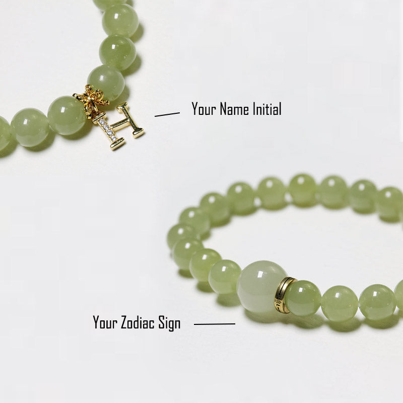Wood Energy - Personalised Grape Green Hetian Jade Bracelet with Zodiac Sign & Name Initial