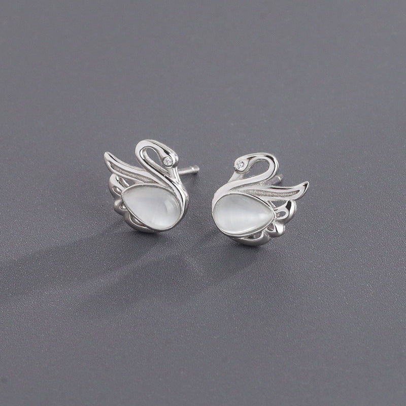 A Pair of Swan Ear Studs S925 Silver Sterling with Cat's Eye Stone for Women