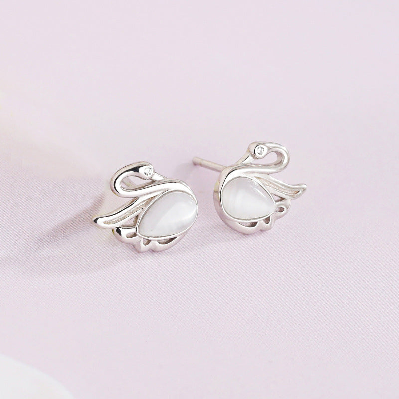 A Pair of Swan Ear Studs S925 Silver Sterling with Cat's Eye Stone for Women